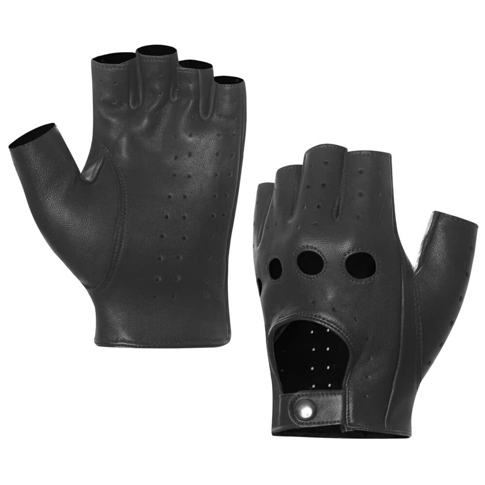 Mens Fingerless Half Finger Leather Driving Gloves Lambskin Unlined